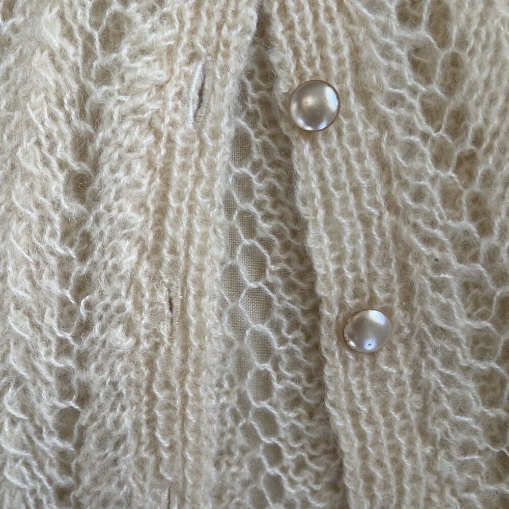 Vintage 50’s 60’s Mohair Wool Open Knit Cardigan Sweater Cream M - Picture 6 of 7